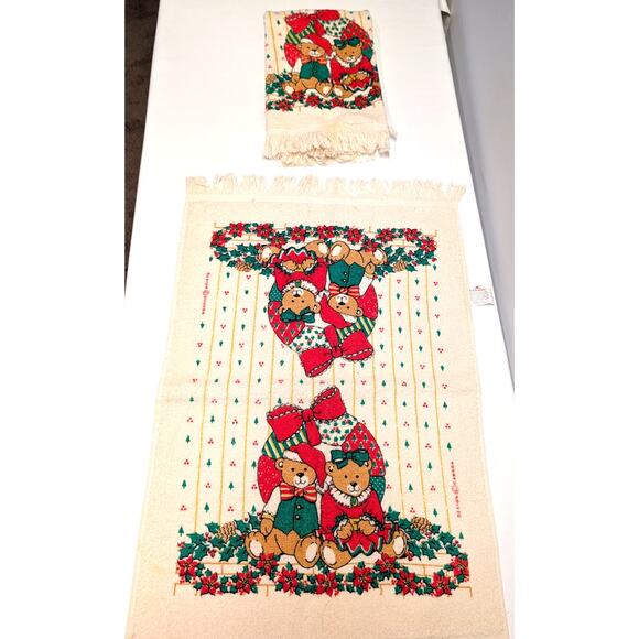 Vintage Cannon Christmas Bears Hand Towes Set of 2 Cotton Cream Red Green 25x16 - Picture 5 of 8